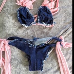 Denim Bikini Pink Lace Tie Top and Thong